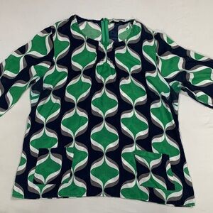 Boden women’s 12 Navy Cream & Green Abstract Wave Blouse Spring Coastal Preppy